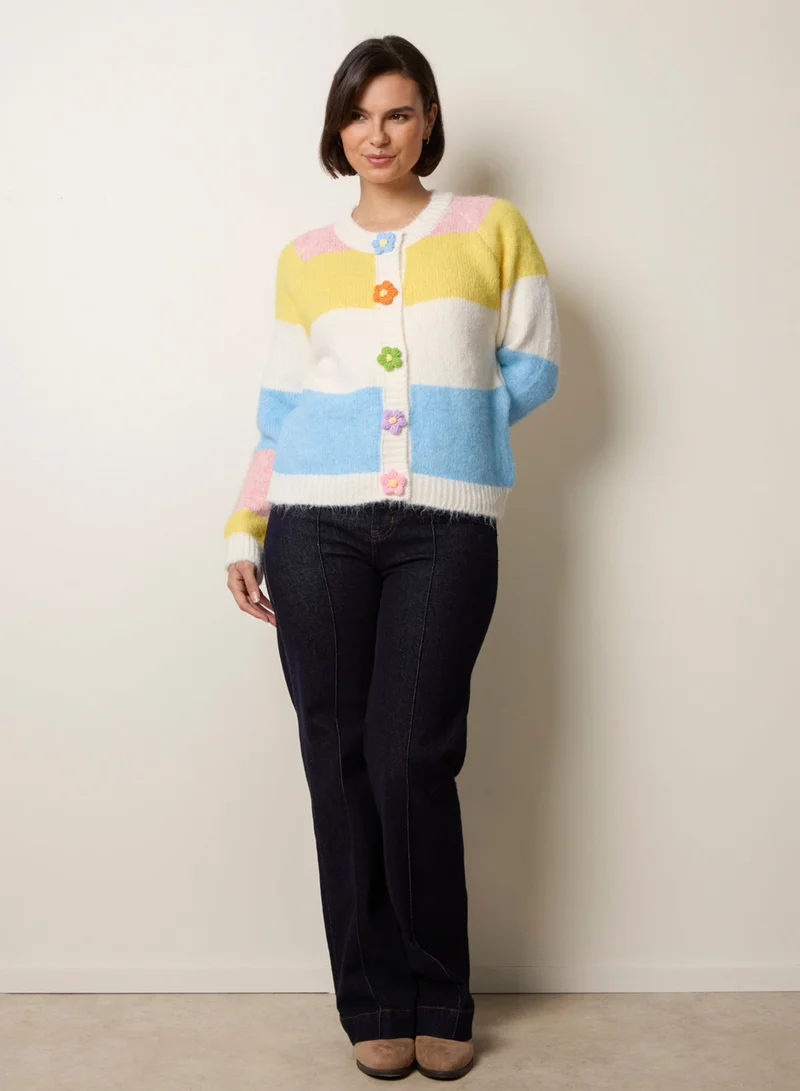 بلو فانيلا Multi Coloured Striped Cardigan With Flower Buttons